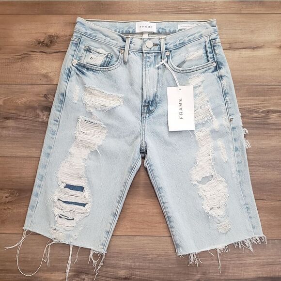 Frame Le Vintage Bermuda Distressed Denim Shorts In Drenched Size 24 NWT - Picture 10 of 16